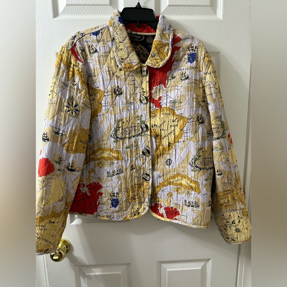 RARE Vintage Alex Kim by Allure Maps Print Quilted Jacket Size Large